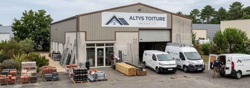 Le local d’Altys Toiture Saint-André-de-Cubzac : entrepôt logoté, fourgons, échelles et stock de tuiles et de liteaux